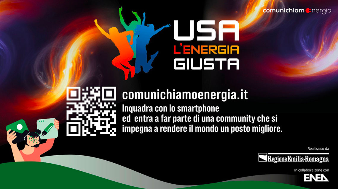 La locandina della campagna “Usa l’energia giusta” con i loghi di Regione Emilia-Romagna ed ENEA e al cento il QR Code da inquadrare per partecipare