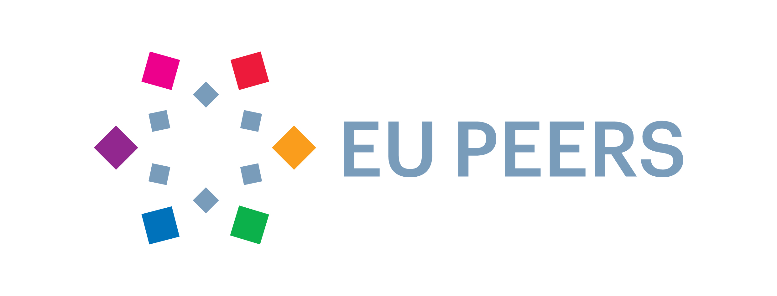 Il logo del progetto EU Peers - European Practitioners for Integrated Home Renovation Services con dodici piccoli quadrati stilizzati in vari colori e il nome del progetto in turchese su sfondo bianco