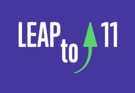 Il logo del progetto LEAPto11 in blu su sfondo bianco con una freccia verde al centro