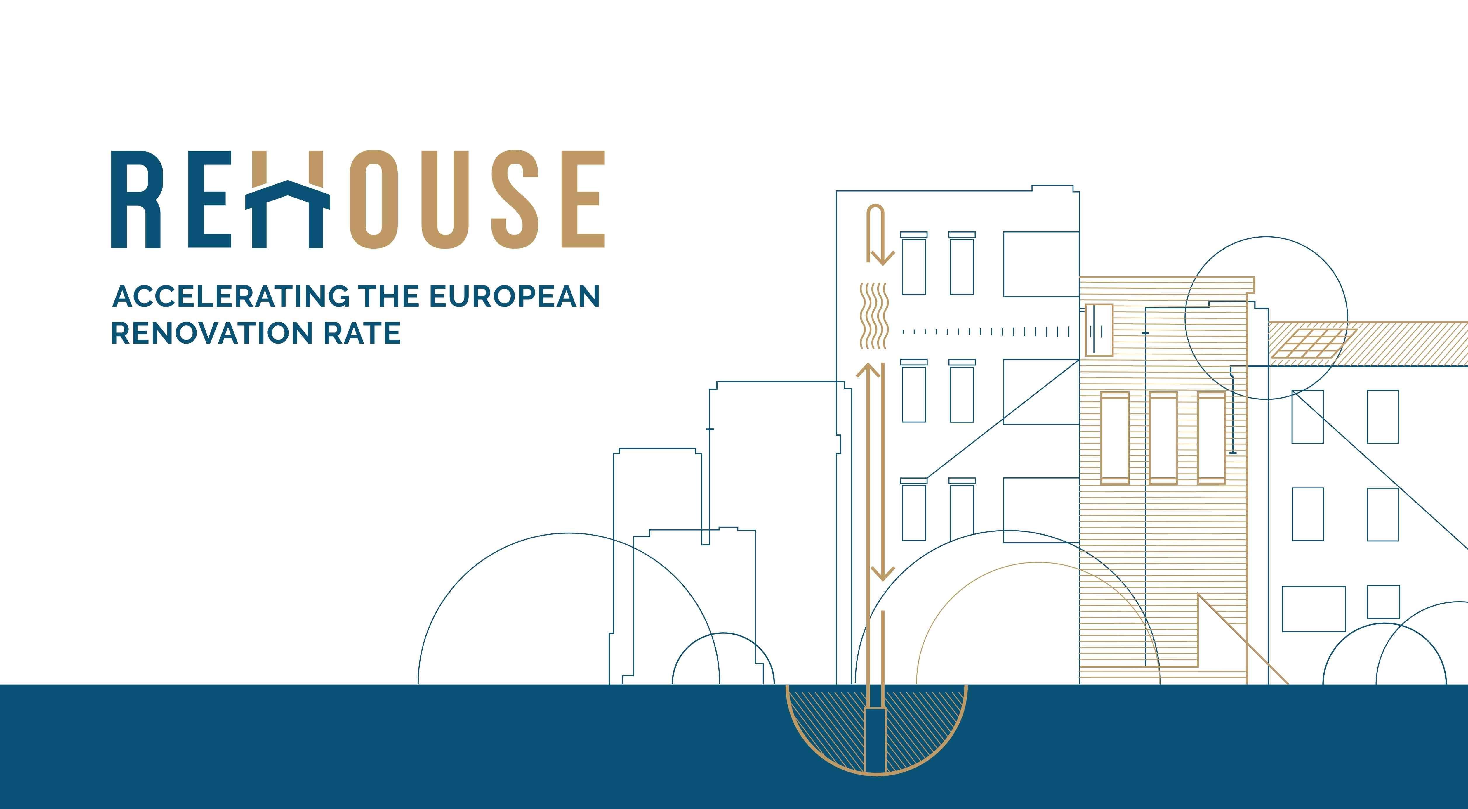 Il logo del progetto REHOUSE con le lettere in blu e in oro e la scritta sottostante "Accelerating the European Renovation Rate". Sullo sfondo alcuni edifici stilizzati e una base blu
