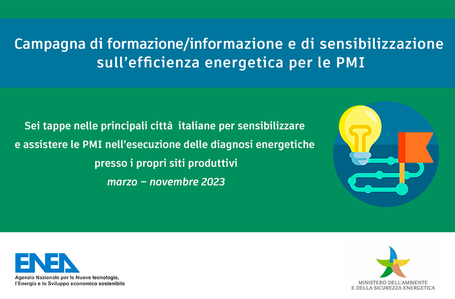 La locandina della campagna di formazione e informazione per l’esecuzione delle diagnosi energetiche nelle piccole e medie imprese su sfondo blu e verde. In basso i loghi di ENEA e MASE.