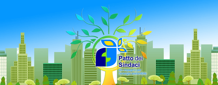 Un'immagine iconica della piattaforma ENEA PAES con una serie di palazzi e un albero al centro con la dicitura "Patto dei sindaci, un impegno per l'energia sostenibile"