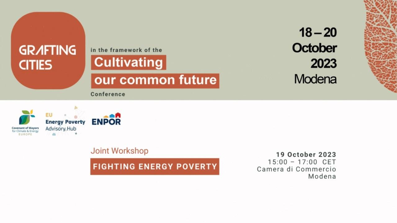 La locandina del workshop "Fighting energy poverty" con i loghi di Covenant of mayors for climate and energy, Energy Poverty Advisory Hub ed ENPOR