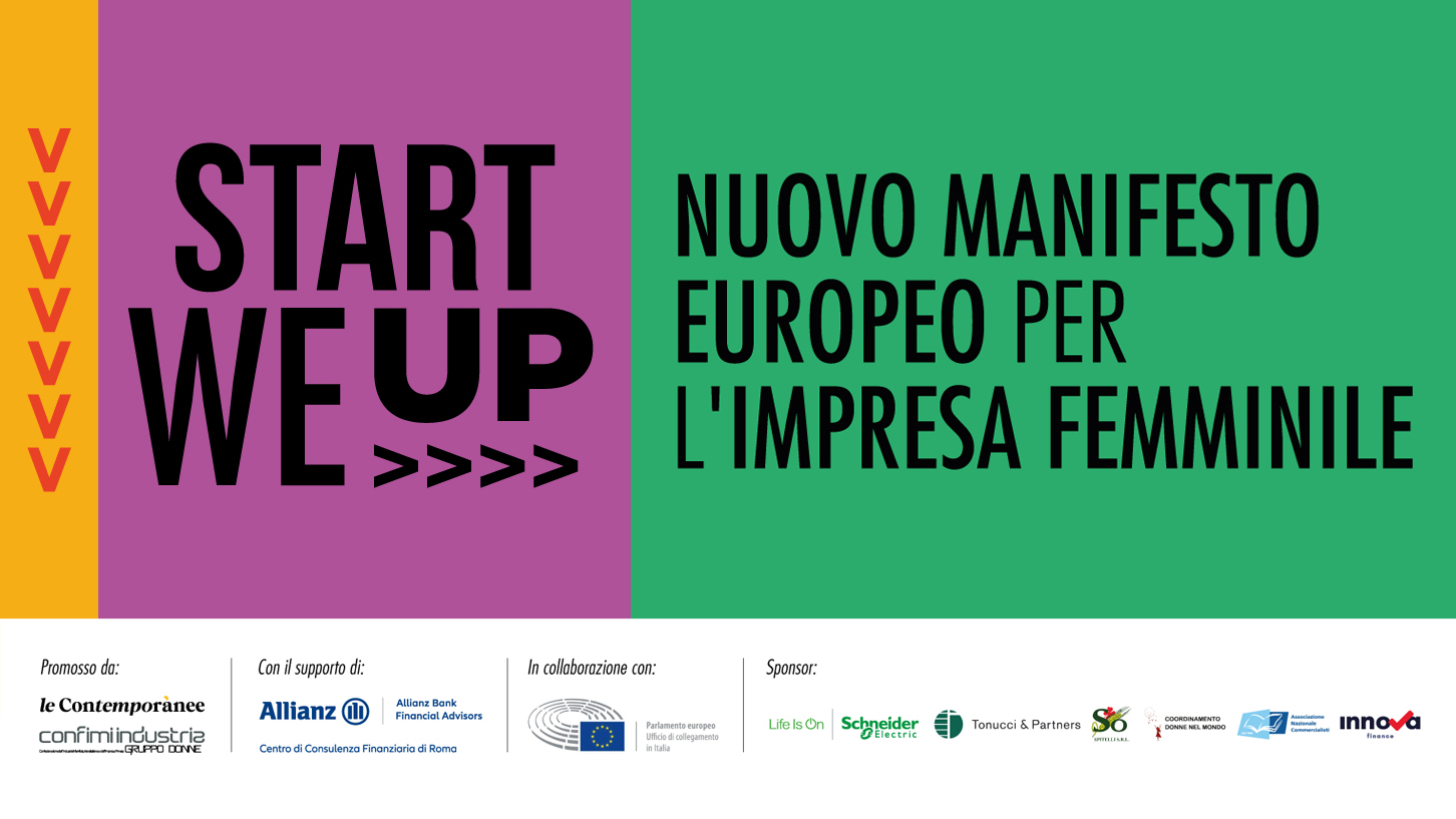 La locandina di Start We Up - Nuovo manifesto per l'imprenditoria femminile su sfondo viola e verde. In basso i loghi di soggetti promotori, partners e sponsor