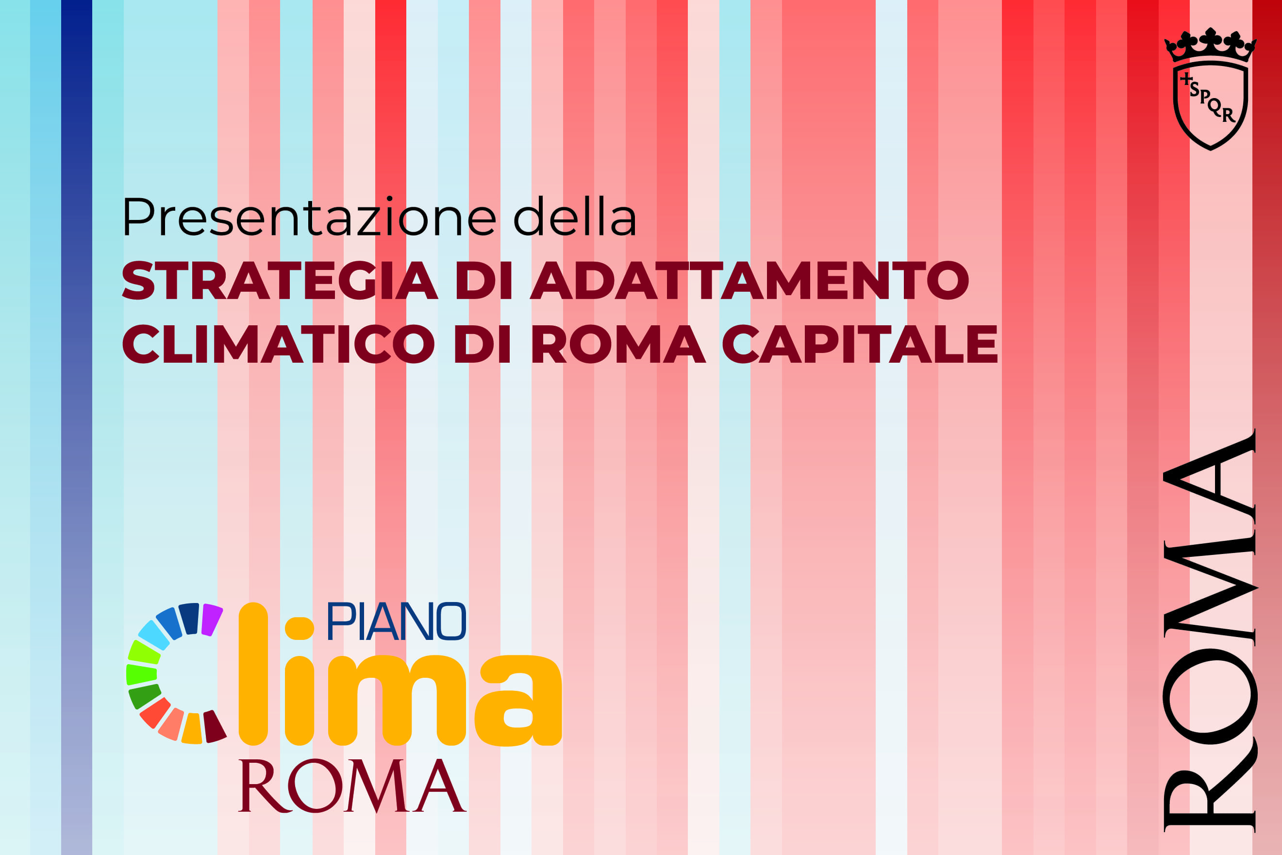 La copertina della Strategia di Adattamento Climatico di Roma Capitale con in basso la scritta "Piano Clima Roma" e il logo di Roma Capitale