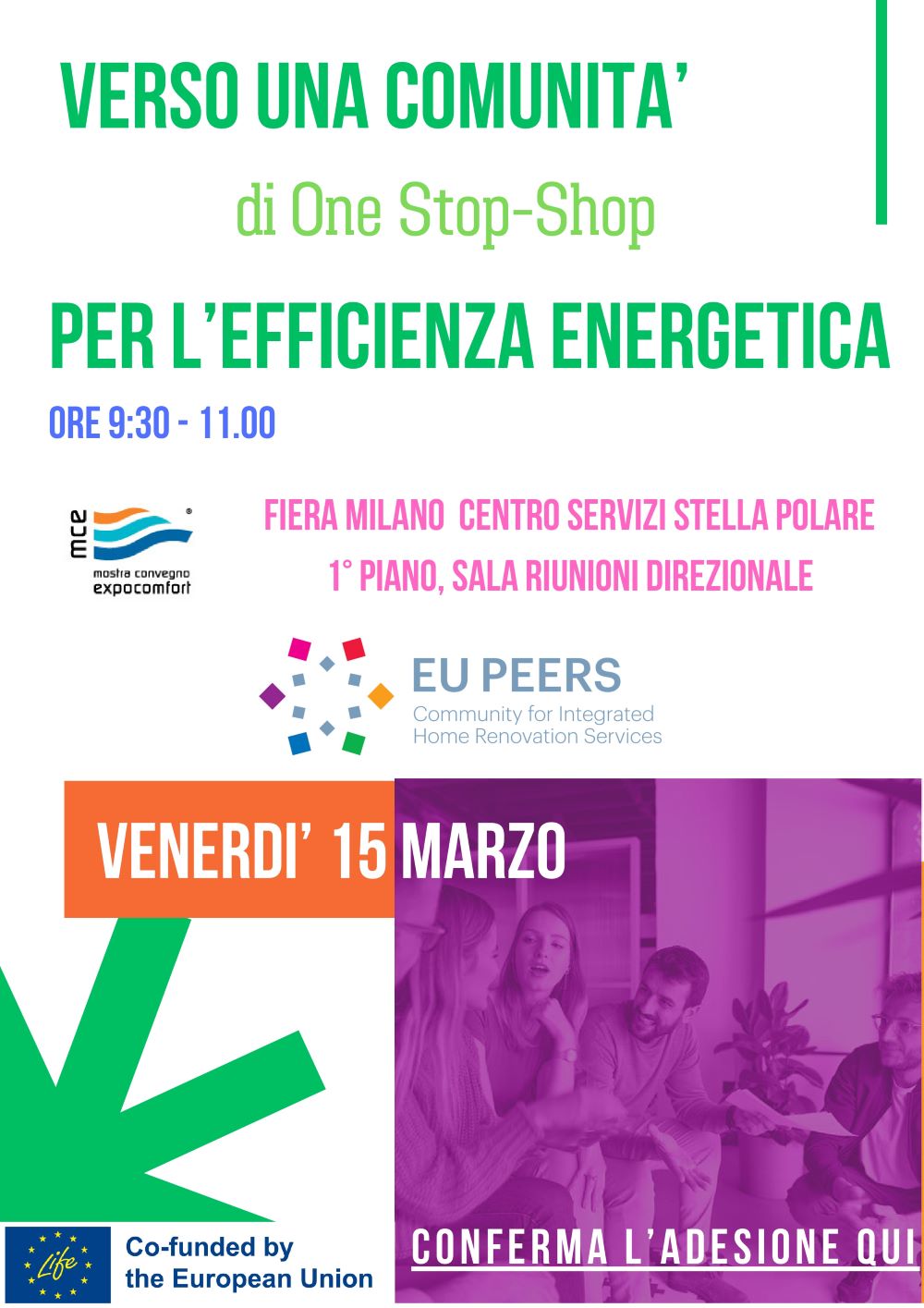 La locandina del Tavolo tecnico "Verso una comunità di One-Stop Shop per l'efficienza energetica" con i loghi di MCE - EXPOCOMFORT 2024, EU Peers e del programma UE LIFE