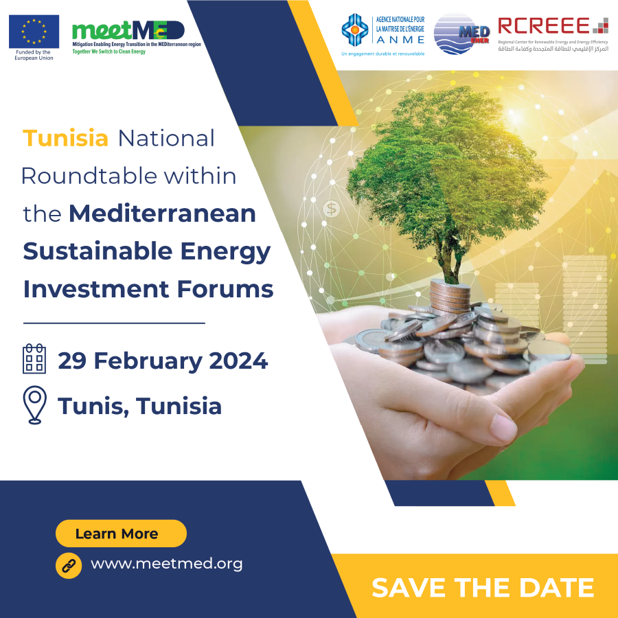 La locandina del MED SEI FORUM del progetto meetMED II in programma a Tunisi il 29 febbraio 2024. In alto i loghi UE, MeetMED, ANME, MEDENER e RCREEE
