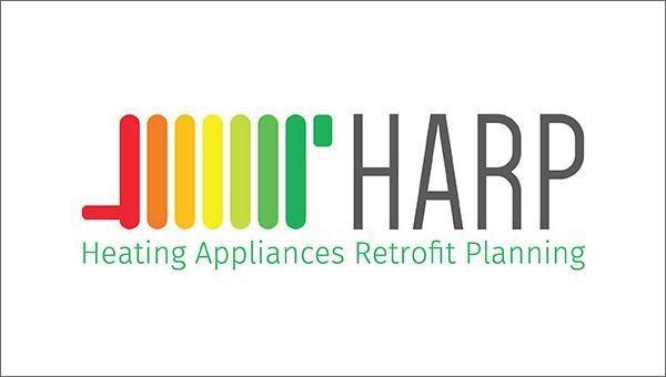 Il logo del progetto HARP con un calorifero stilizzato in rosso, arancione, giallo e verde