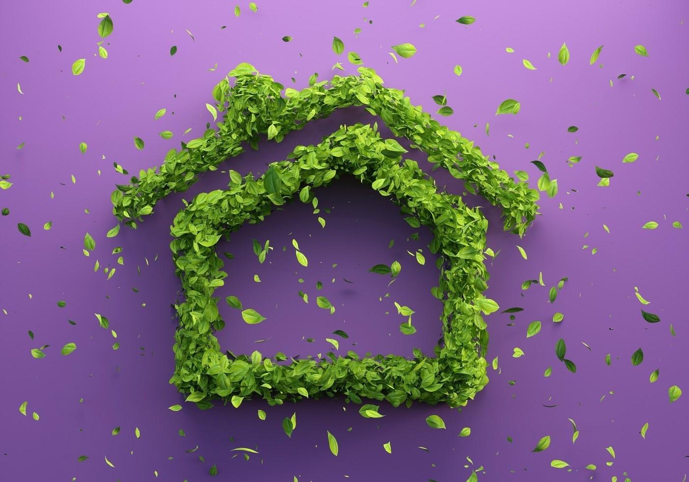 Un'immagine iconica di tetti e pareti verdi con una casa formata di vegetazione su sfondo viola