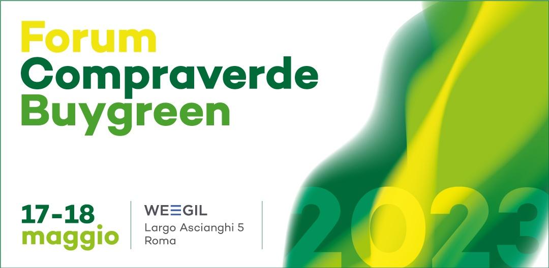 La locandina dell'edizione 2023 del Forum Compraverde BuyGreen  con caratteri in giallo e in verde su sfondo bianco