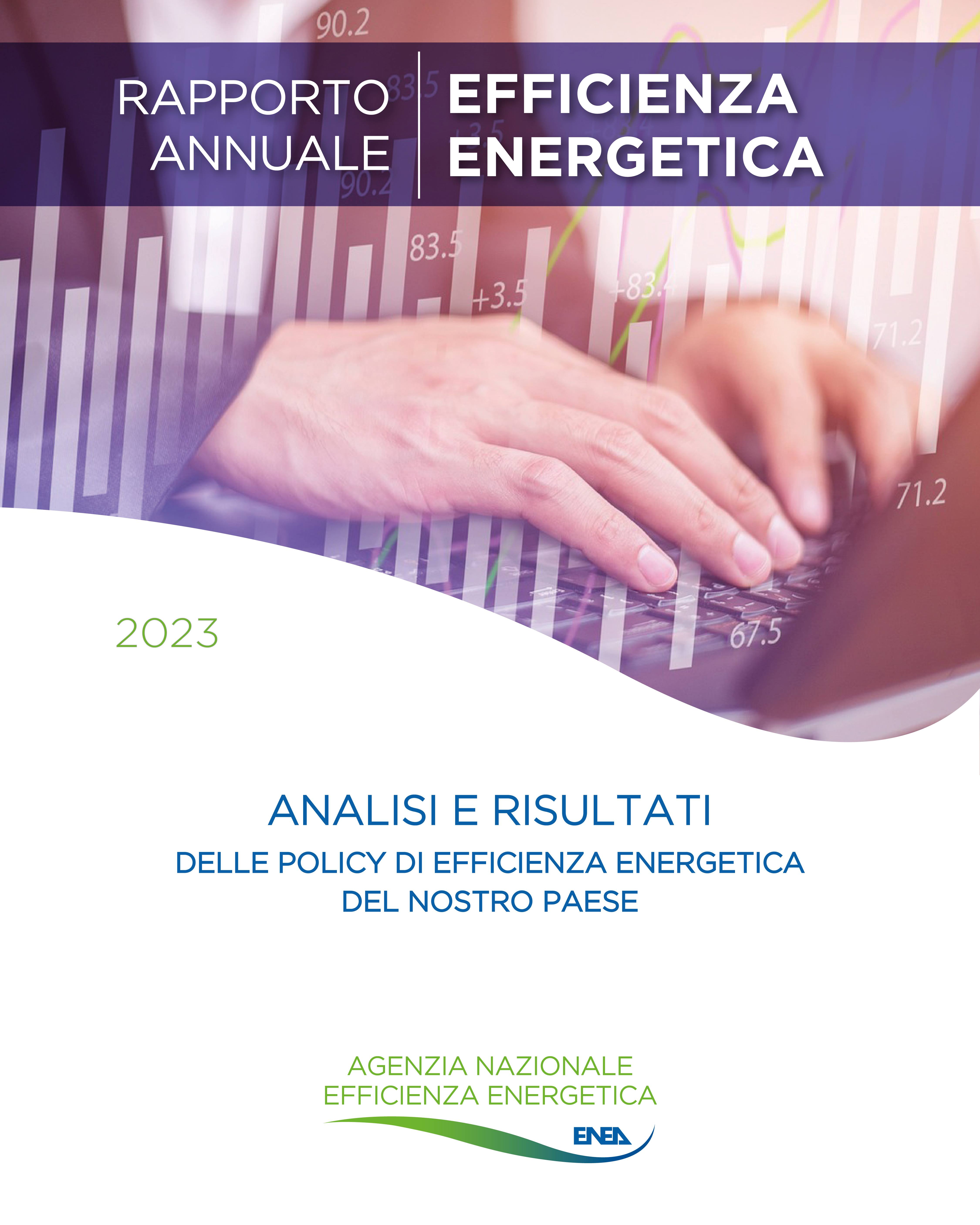 La copertina del Rapporto Annuale sull’Efficienza Energetica dell’ENEA 2023 con il logo di ENEA - Agenzia Nazionale per l'Efficienza Energetica in verde su sfondo bianco