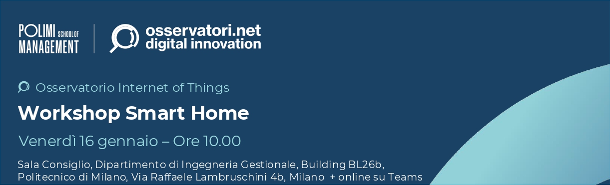 Il frontespizio del workshop Workshop Smart Home su sfondo blu con i loghi di POLIMI e di OSSERVATORI.NET e la data dell'incontro