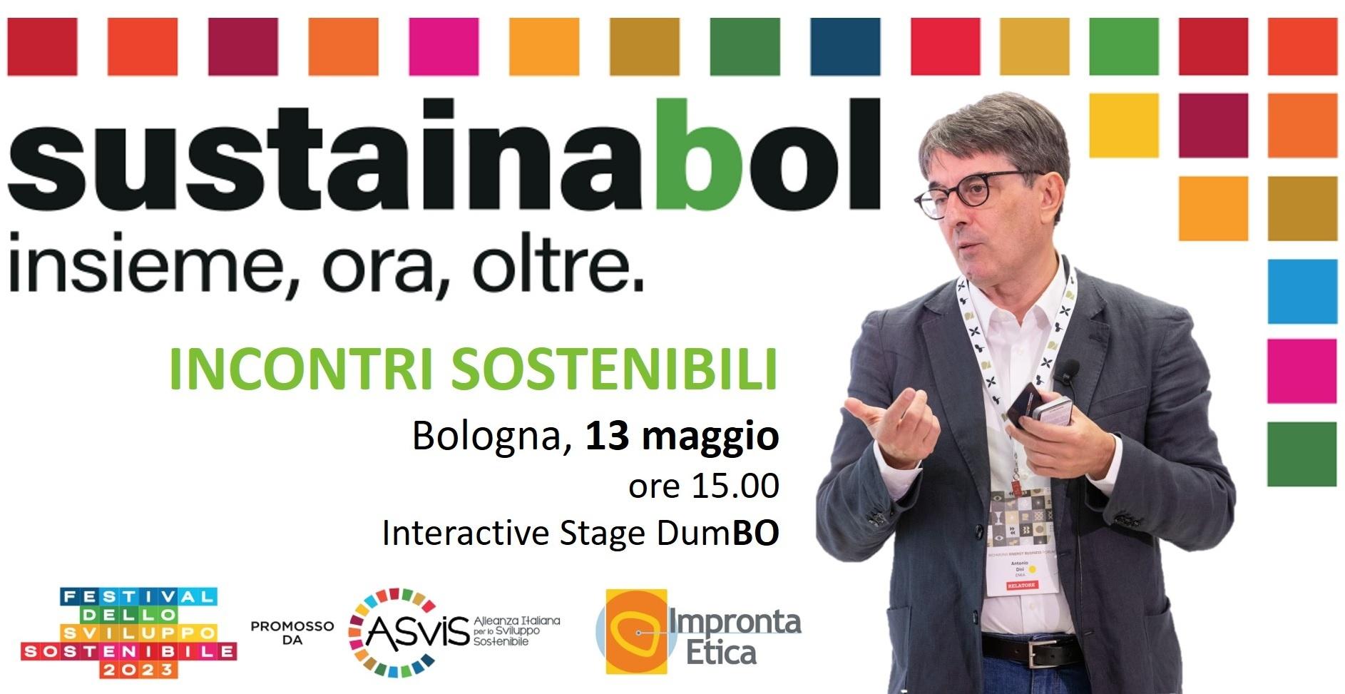 Il banner dell'evento con la dicitura "Sustainabol - insieme, ora, oltre" e i loghi di ASVIS e Impronta Etica. Nell'immagine figura anche una foto del ricercatore ENEA, Antonio Disi