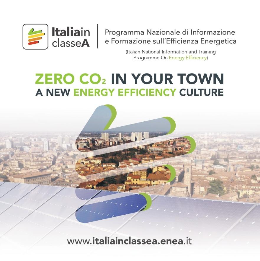 La copertina della brochure in inglese "Zero CO₂ in Your Town a New Energy Efficiency Culture" sormontata dal logo di "Italia in Classe A" e dalla scritta Programma nazionale di formazione e informazione sull'efficienza energetica