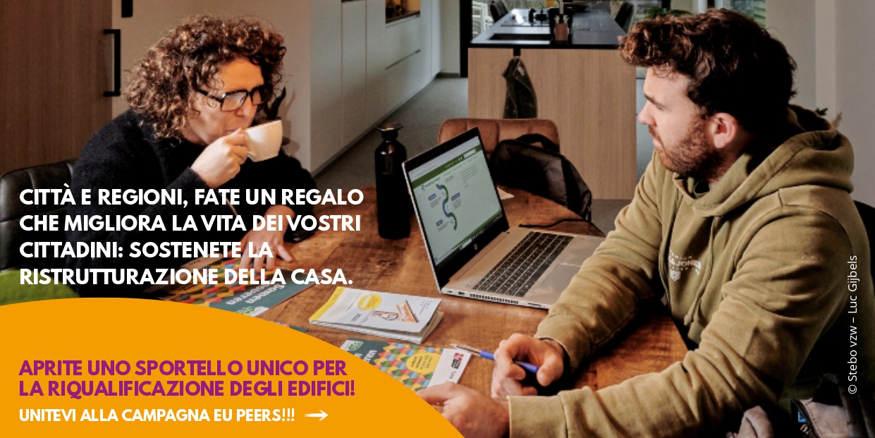 La copertina della brochure della Campagna EU Peers con uomo e una donna che si guardano e la scritta "Città e Regione fate un regalo che migliora la vita dei vostri cittadini"