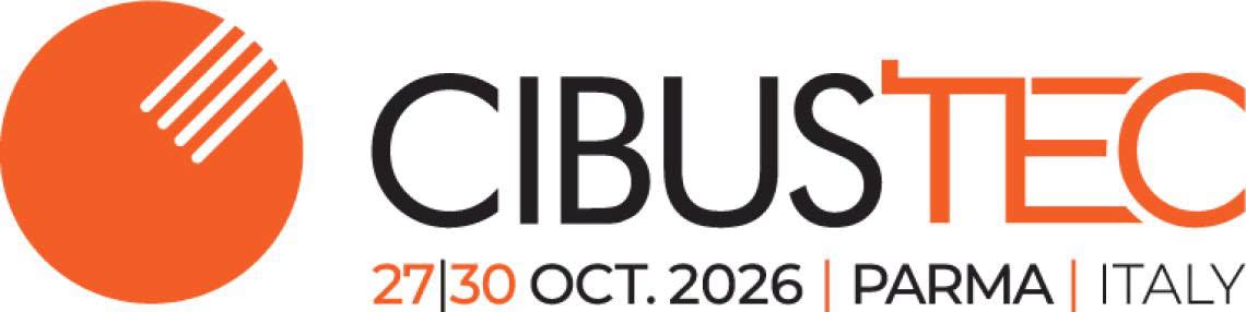 L'immagine mostra il logo dell'evento Cibus Tec. A sinistra è presente un simbolo grafico costituito da un cerchio arancione con quattro linee diagonali bianche nella parte superiore. A destra compare la scritta "CIBUS TEC", con la parola "CIBUS" in nero e "TEC" in arancione. Sotto il logo sono riportate le informazioni relative all'evento: "27|30 OCT. 2026 | PARMA | ITALY"