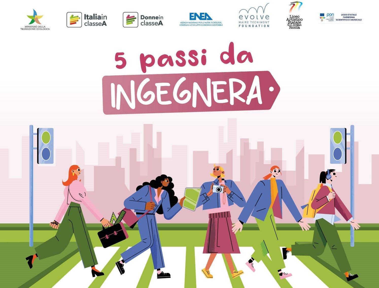 Cover del progetto 5 Passi da Ingegnera con loghi Italia in Classe A, ENEA, Fondazione Evolve Maire Tecnimont  