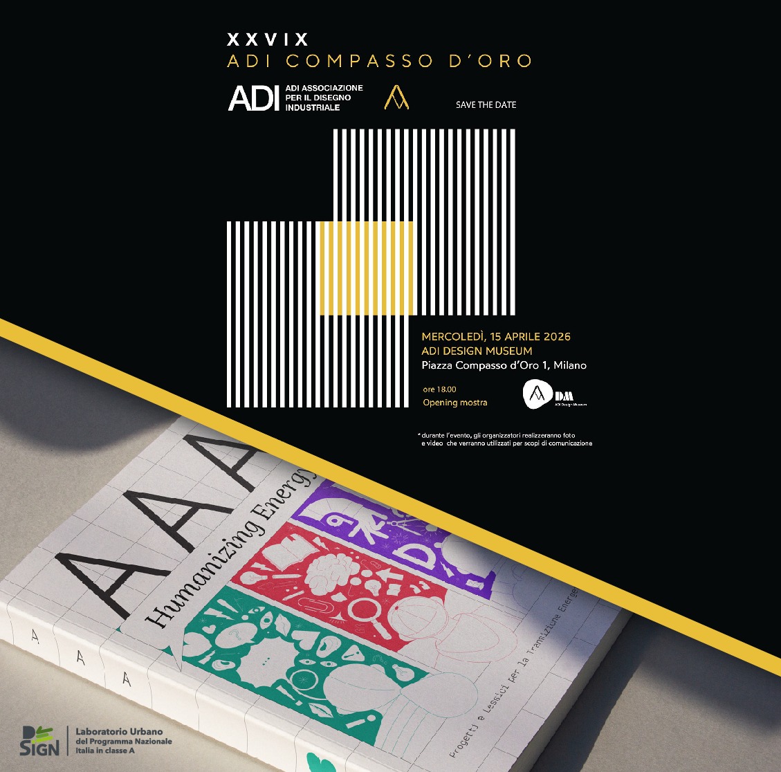 Un'immagine stilizzata con in alto il logo del Premio Compasso d'oro e in basso il volume “AAA – Humanizing Energy”   