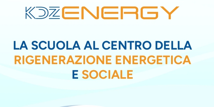 Una sezione della copertina dell'opuscolo "KDZENERGY - La scuola al centro della rigenerazione energetica e sociale" con il titolo in blu e arancione su sfondo azzurro  