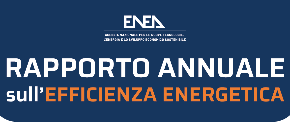 Logo ENEA su sfondo blu. Testo in evidenza: "Rapporto Annuale sull’Efficienza Energetica". Le parole "Efficienza Energetica" sono in arancione, il resto del testo è in bianco.