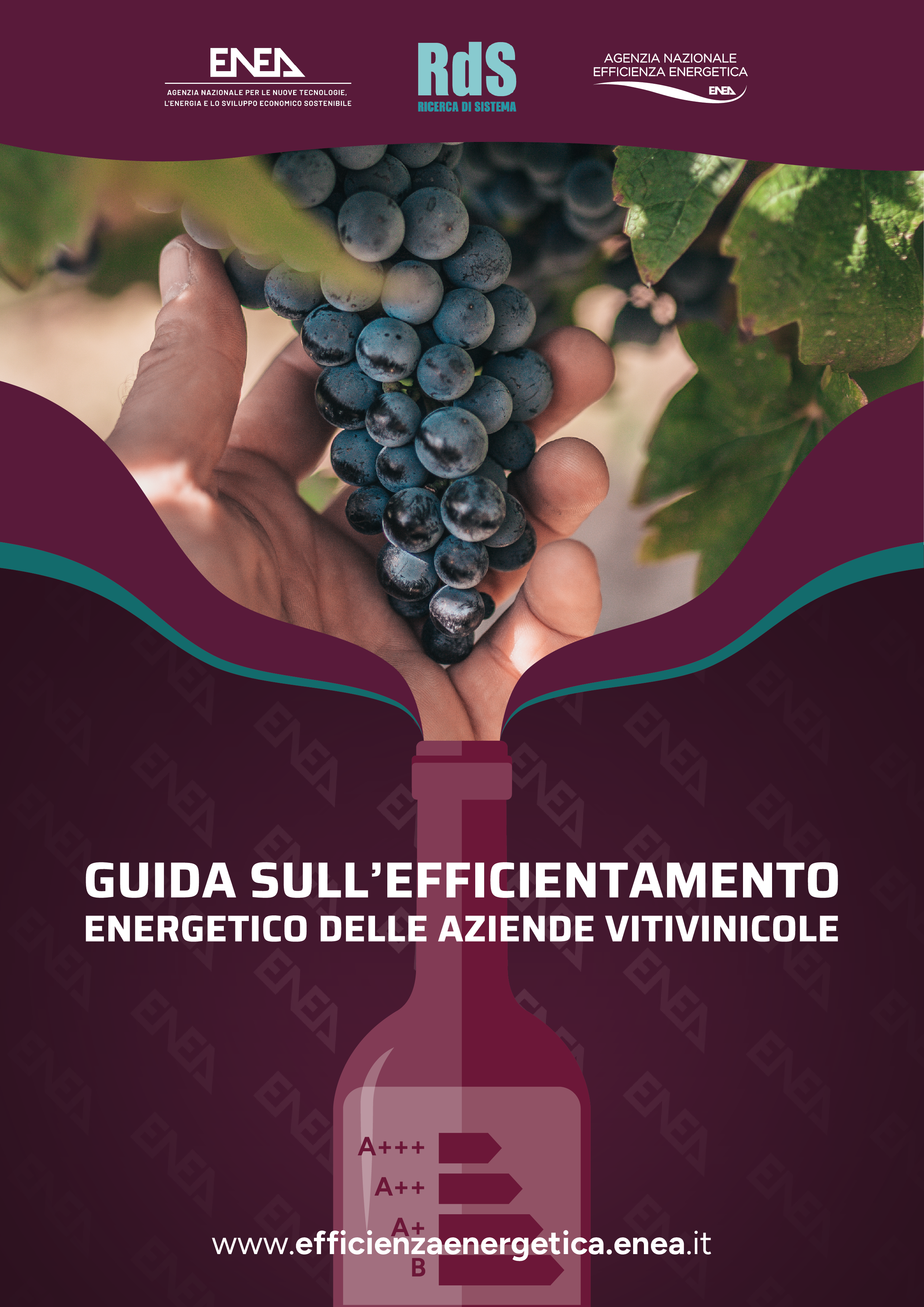 La copertina della Guida sull'efficientamento energetico delle aziende vitivinicole con i loghi di ENEA, RdS e Agenzia Nazionale per l'Efficienza Energetica