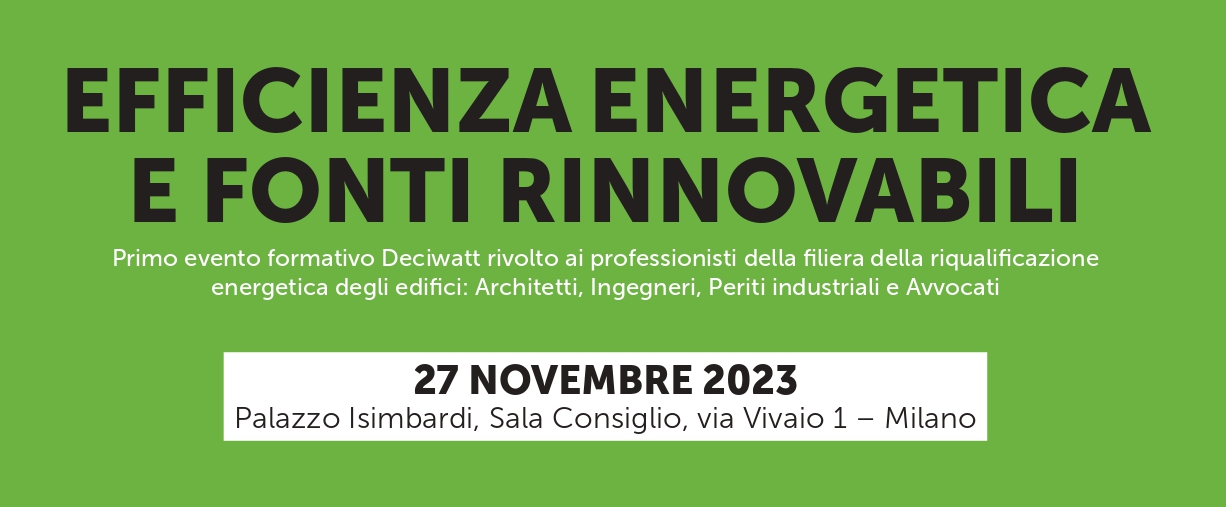 La locandina su sfondo verde dell’evento formativo Efficienza energetica e fonti rinnovabili organizzato da Città metropolitana di Milano ed ENEA per lunedì 27 novembre a Milano 