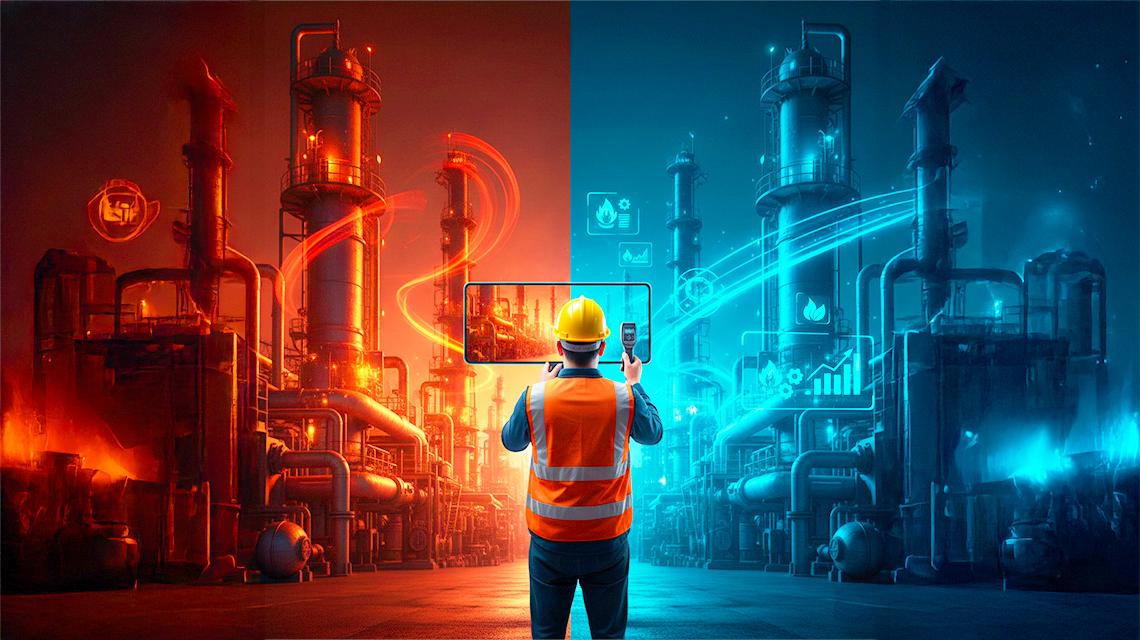 L'immagine stilizzata di un tecnico che esegue una diagnosi energetica di fronte ad un grande stabilimento industriale 