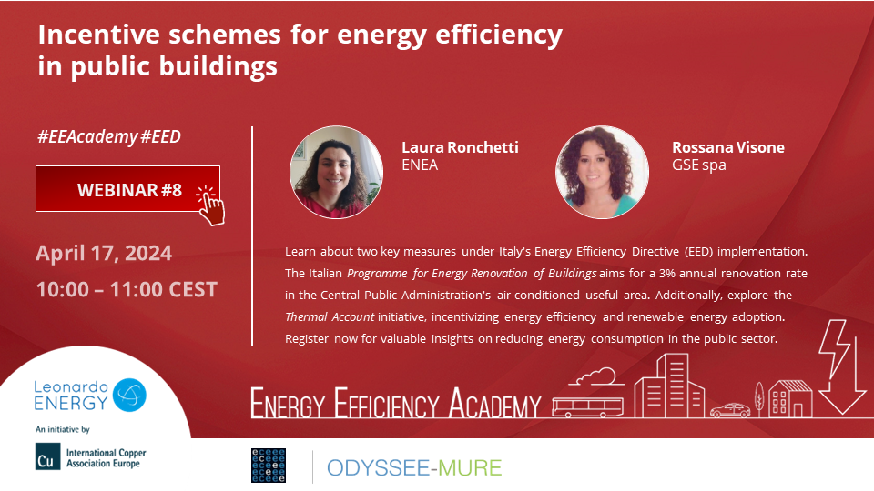 La locandina del webinar Incentive schemes for energy efficiency in public buildings con le foto delle relatrici Laura Ronchetti e Rossana Visone e in basso i loghi di Leonardo Energy e Odyssee-MURE 