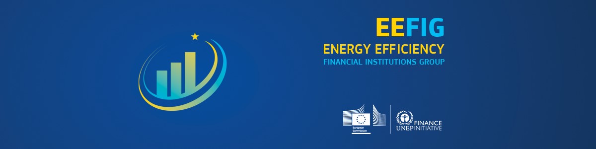Il logo di EEFIG - Energy Efficiency Financial Institutions Group in arancione e azzurro su sfondo blu