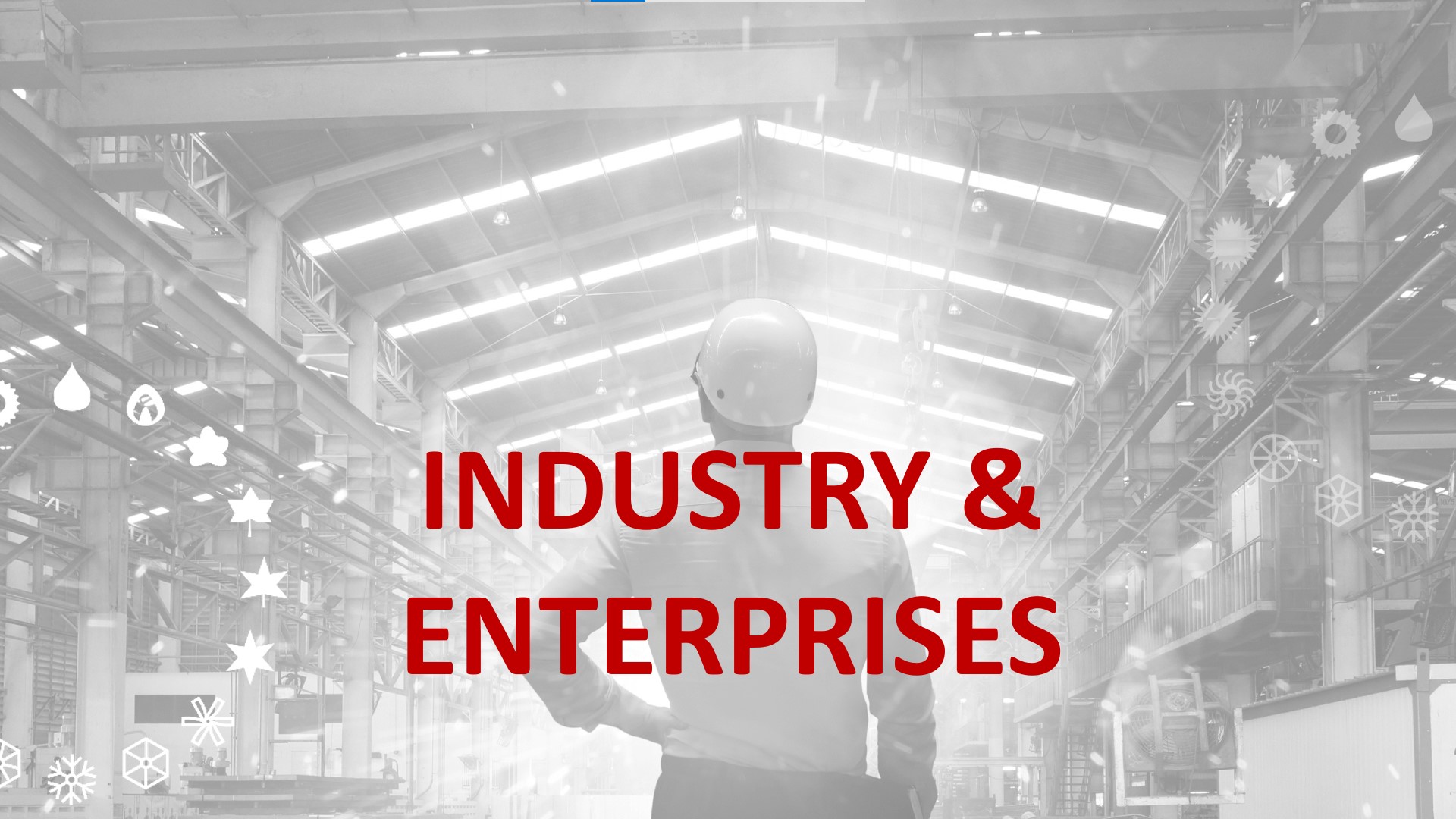 L'immagine stilizzata di un'industria con un addetto su sfondo grigio e la scritta in rosso "Industry & Enterprises"