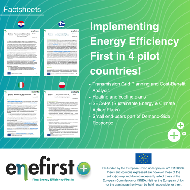 L'immagine del progetto ENERFIRST Plus dedicata ai casi studio in Croazia, Grecia, Italia e Polonia con la scritta "Implementing Energy Efficiency First in 4 pilot countries"