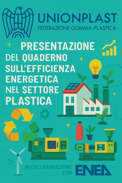 La locandina dell'evento di presentazione del Quaderno sull’efficienza energetica nel settore della plastica, su sfondo verde, con i loghi di Unionplast - Federazione Gomma Plastica e di ENEA