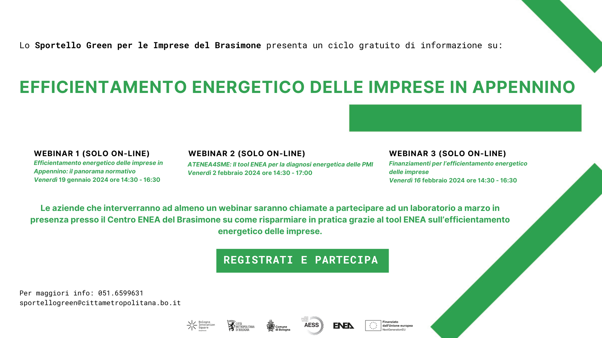 Il programma del ciclo di tre webinar “Efficientamento energetico delle imprese in Appennino". In basso i loghi di Bologna Innovation Square, Città Metropolitana di Bologna, Comune di Bologna, ENEA e AESS. 