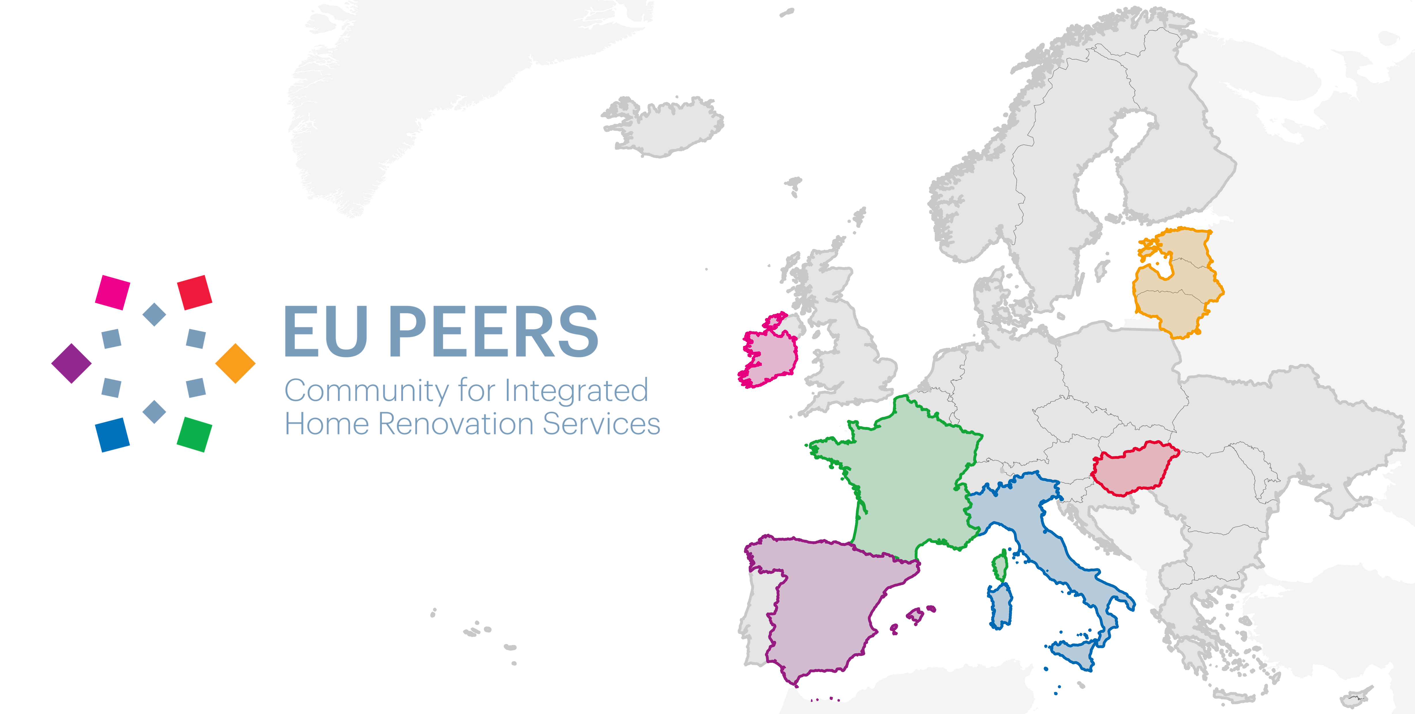 Un'immagine dell'Unione Europea con il logo del progetto EU Peers e con in evidenza gli Stati che aderiscono al progetto