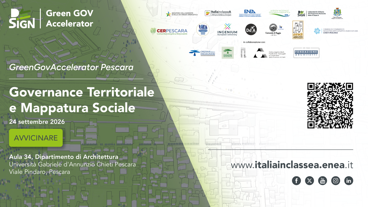 La locandina presenta uno sfondo grafico con una mappa urbana stilizzata nei toni del verde e del grigio. Nella parte superiore sono riportati i loghi dei promotori e dei partner dell'iniziativa, tra cui Ministero dell'Ambiente e della Sicurezza Energetica, Italia in Classe A, ENEA, Agenzia Nazionale per l'Efficienza Energetica, Sign, Laboratorio Urbano, Comune di Pescara, CER Pescara, Università degli Studi