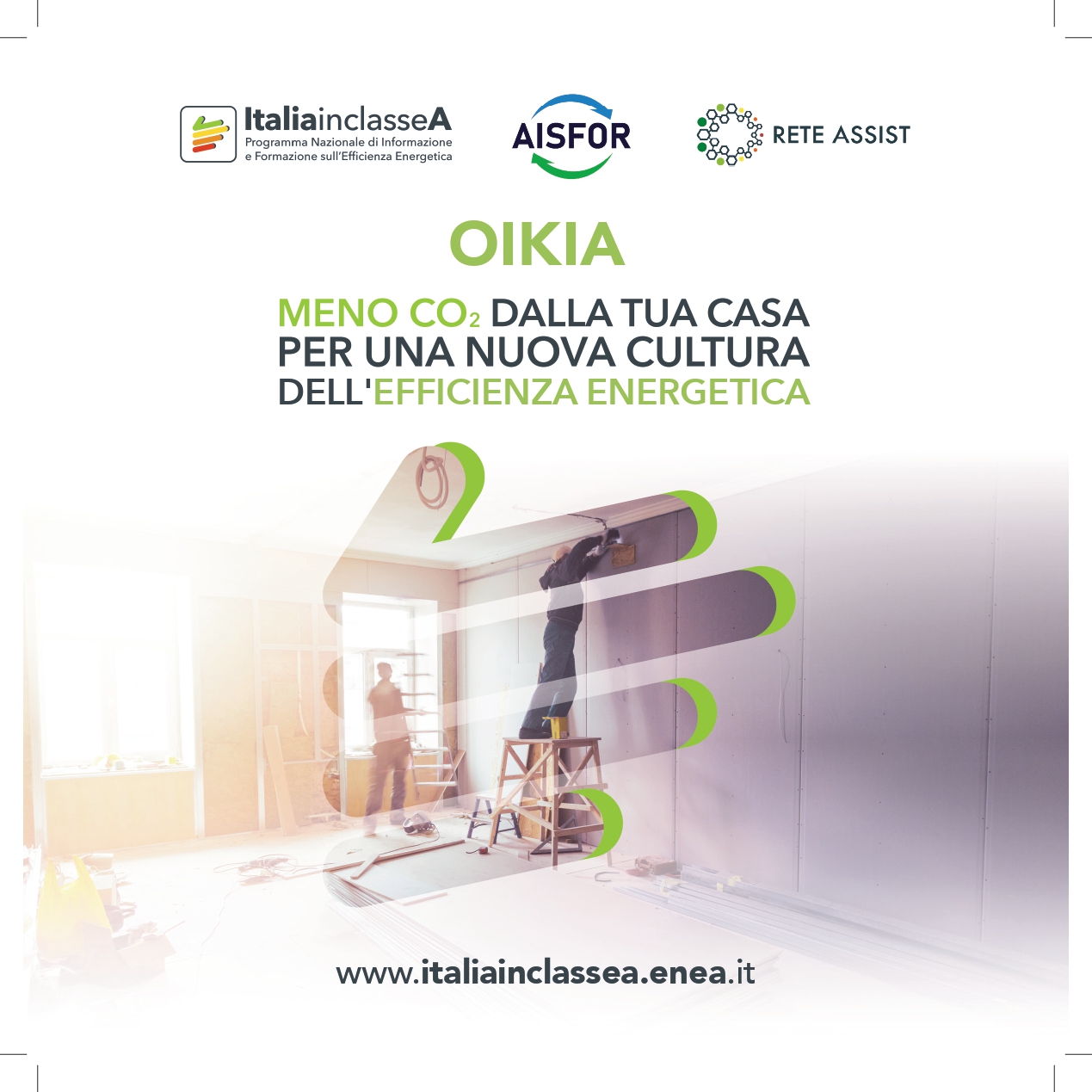 ImageCopertina del progetto OIKIA sull’efficienza energetica: in alto i loghi di ItaliainclasseA, AISFOR e Rete Assist; al centro il titolo “OIKIA” e lo slogan “Meno CO₂ dalla tua casa per una nuova cultura dell’efficienza energetica”; in basso una foto di un interno in ristrutturazione con due persone al lavoro e il sito web italiainclassea.enea.it.