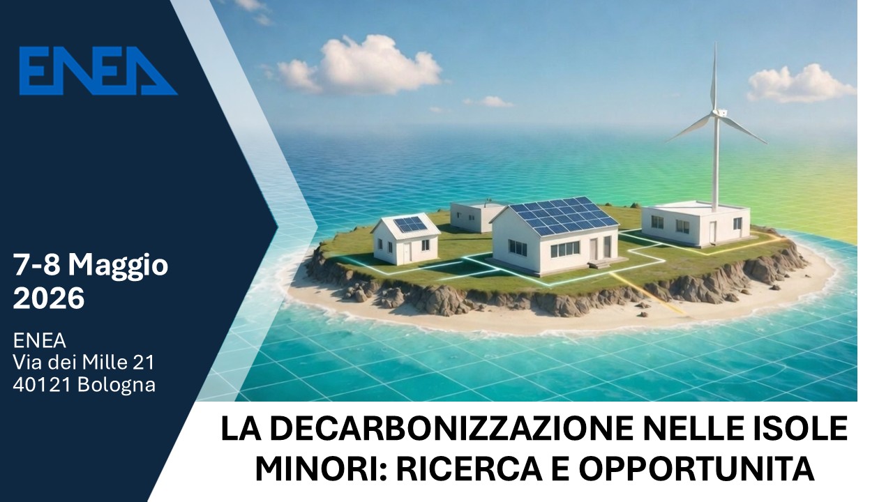 La locandina dell'evento "La decarbonizzazione delle isole minori: ricerca e opportunità" con una piccola isola stilizzata con tetti fotovoltaici e pale eoliche. A fianco il logo ENEA in blu su sfondo nero