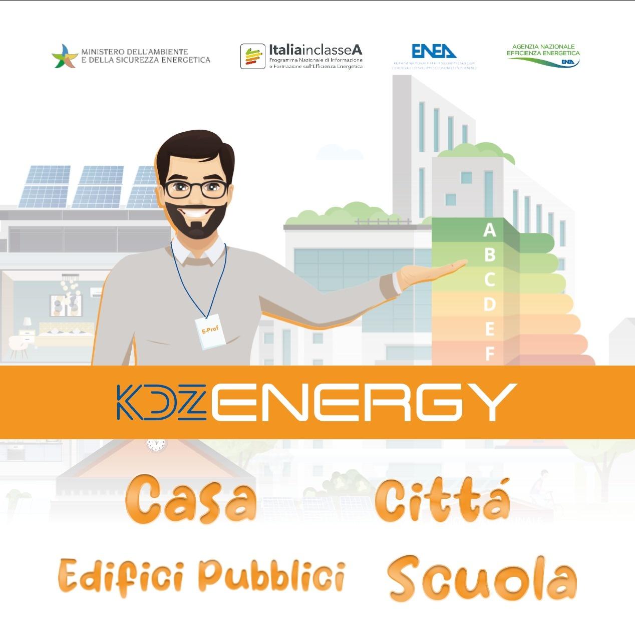 Un'immagine con la scritta KDZenergy in arancione e sotto i titoli dei quattro volumi: casa, città, edifici pubblici e scuola. In alto compaiono i loghi di MASE, Italia in Classe A ed ENEA.