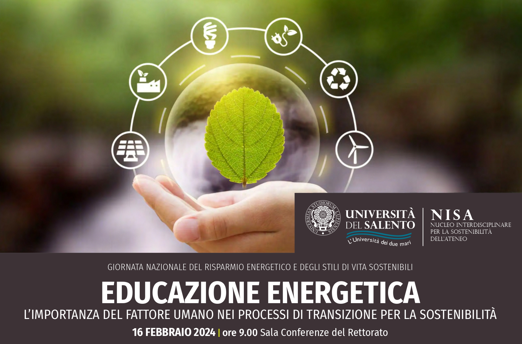 La locandina del convegno "Educazione Energetica - l’importanza del fattore umano nei processi di transizione per la sostenibilità" con i loghi dell’Università del Salento e del NISA - Nucleo interdisciplinare per la sostenibilità dell'ateneo 