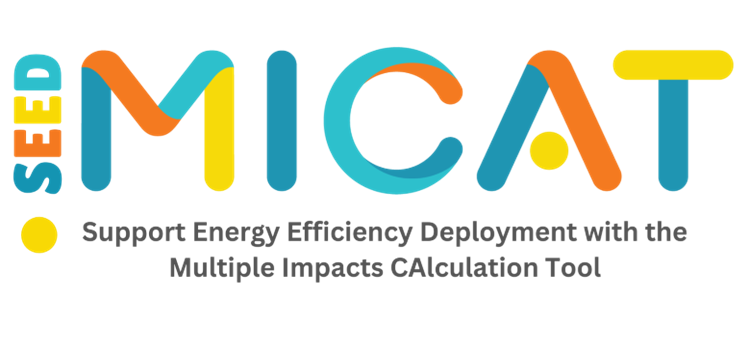 Il logo del progetto SEED Micat con le lettere stilizzate in giallo, arancione e turchese e sotto la scritta Support Energy Efficiency Deployment with the Multiple Impacts CAlculation Tool 