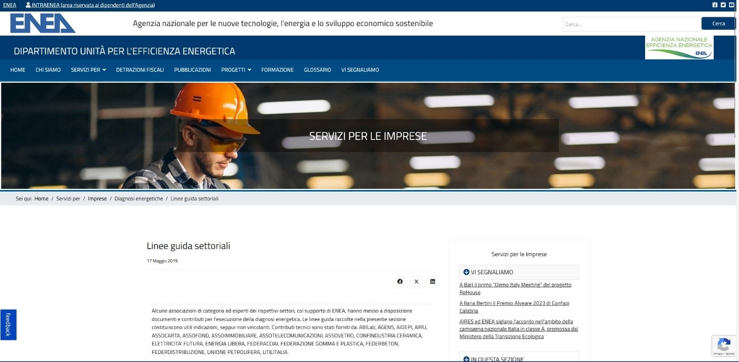 Landing page Sezione linee guida settoriali ENEA