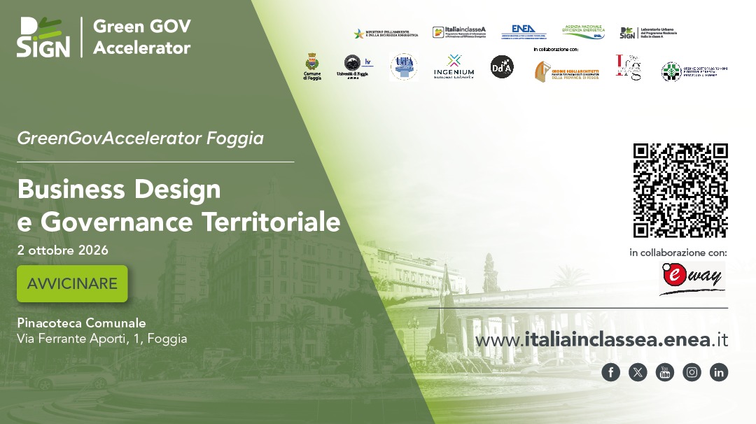 Locandina dell'evento Green GOV Accelerator Foggia. Titolo: “Business Design e Governance Territoriale”. Data: 2 ottobre 2026. Luogo: Pinacoteca Comunale, Via Ferrante Aporti 1, Foggia. In evidenza il claim “Avvicinare”. Presente QR code per informazioni e iscrizioni. Organizzazione nell'ambito del programma Italia in Classe A con il coinvolgimento di ENEA e altri partner