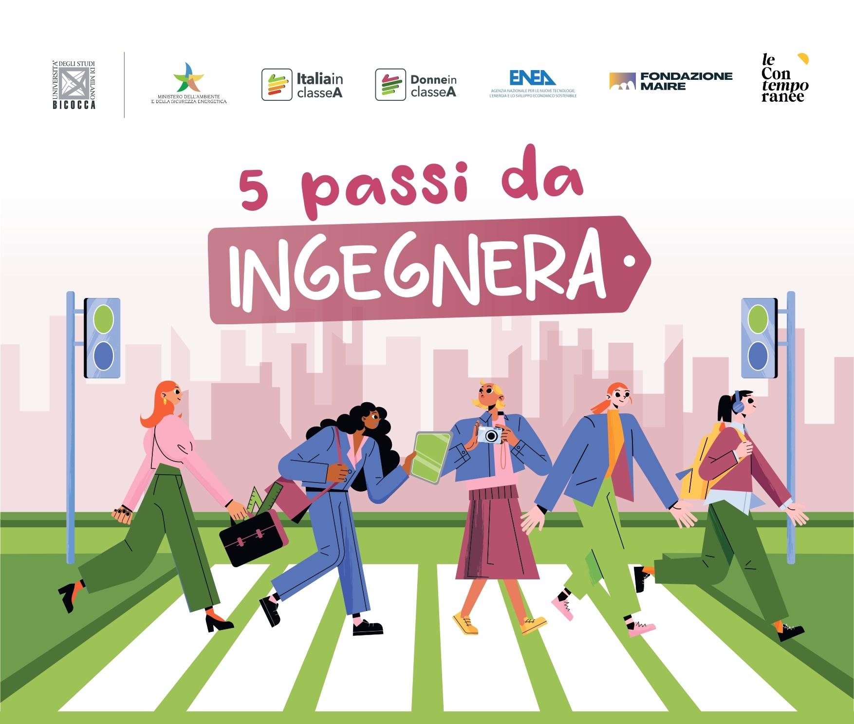 La locandina della seconda edizione del progetto "5 passi da ingegnera" con i loghi MASE, Italia in Classe A, Donne in Classe A, Evolve Maire Tecnimont Fondation, Le Contemporanee 