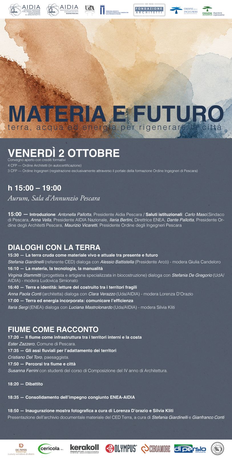 La locandina presenta uno sfondo con texture ad acquerello nei toni del beige, marrone e azzurro. Nella parte superiore compaiono i loghi degli enti organizzatori e patrocinatori, tra cui AIDIA, Università