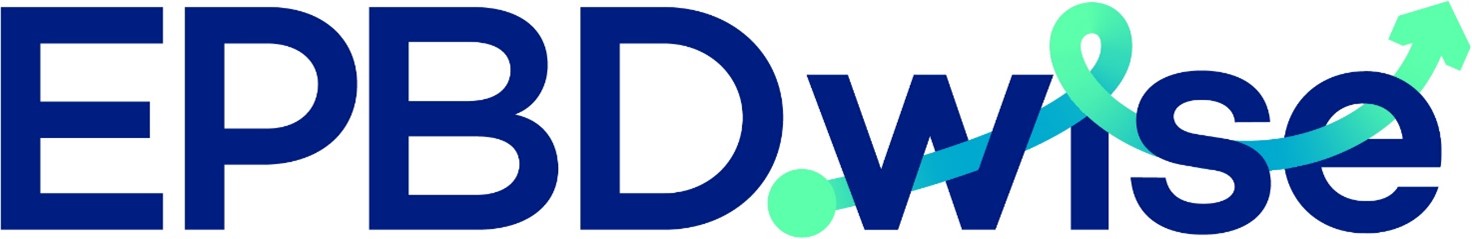 Il logo del progetto EPDB Wise in blu su sfondo bianco con una linea discontinua color acqua nelle ultime quattro lettere