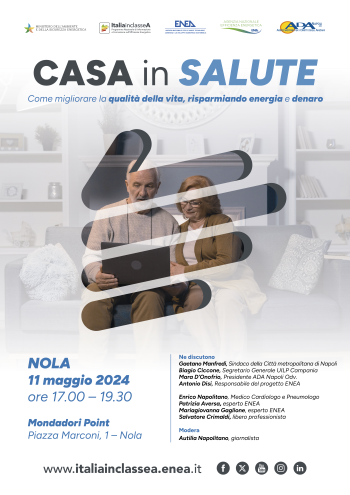 La locandina dell'evento di presentazione del progetto "Casa in Salute" con al centro una coppia di anziani nel logo stilizzato della Campagna "Italia in Classe A" e in alto i loghi delle istituzioni coinvolte