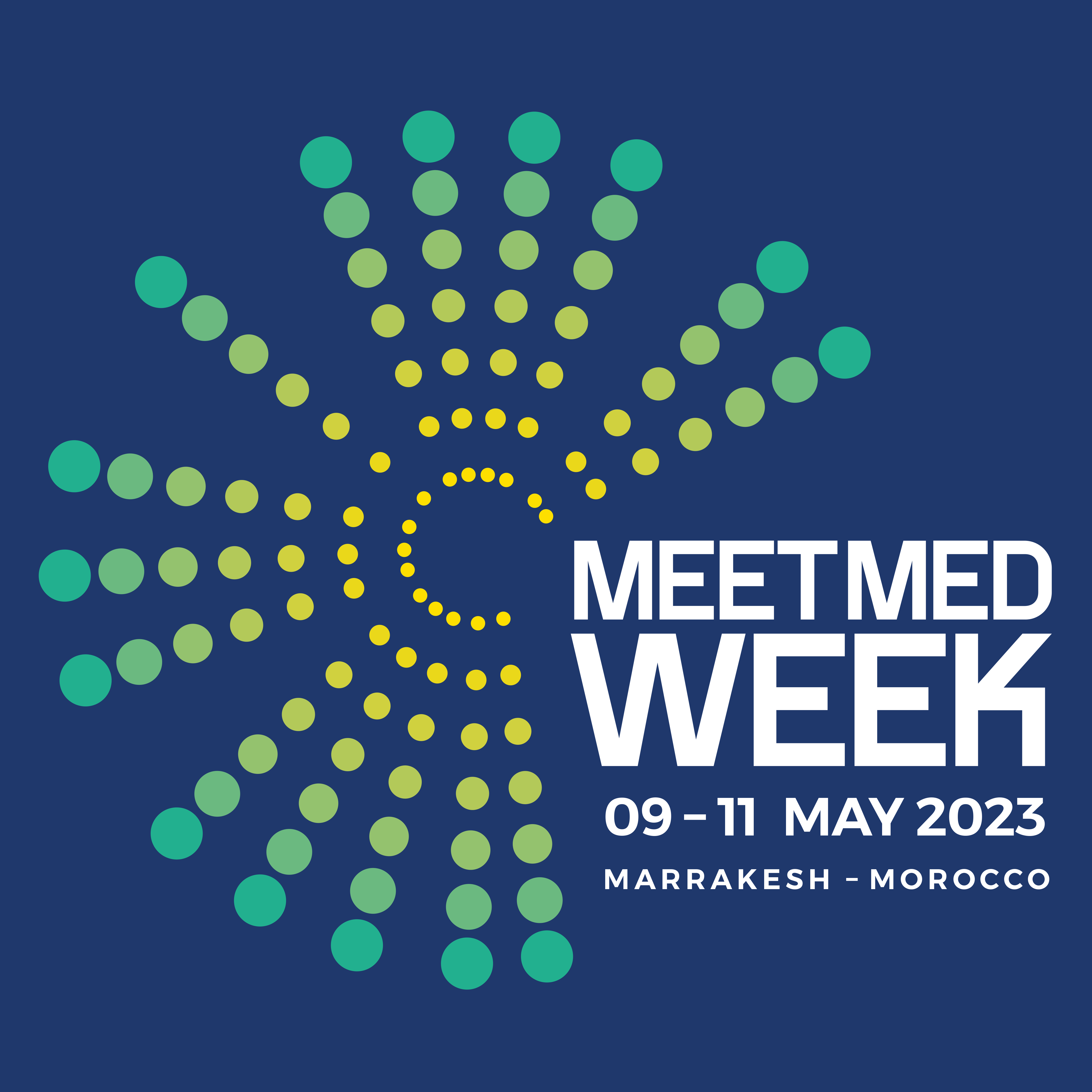 La locandina della meetMED Week 2023 con la scritta in bianco su sfondo blu "09-11 May 2023" "Marrakesh, Morocco"