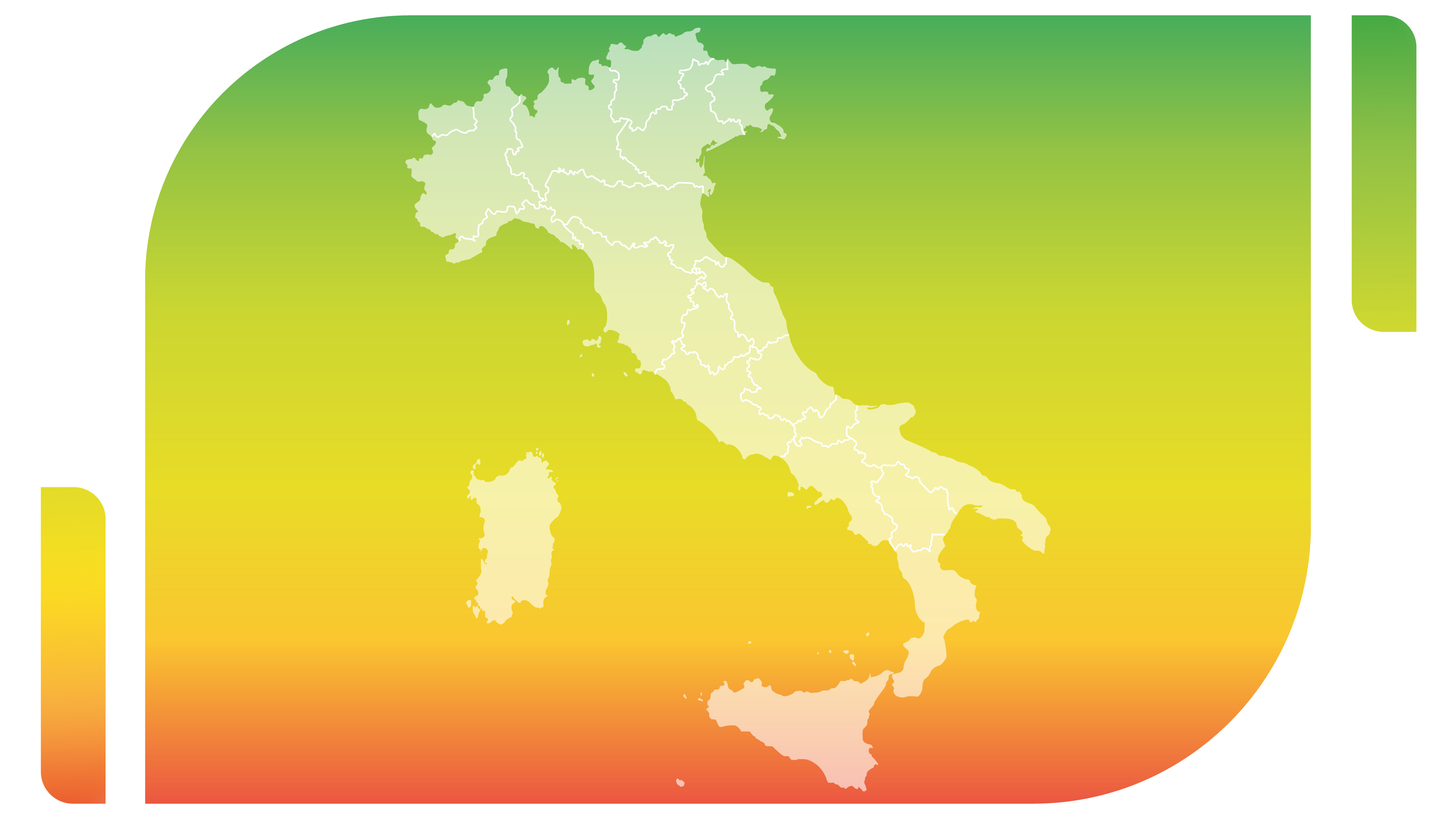 Grafica dell'Italia suddivisa per regioni, sovrapposta a una forma grafica arrotondata con sfumatura dal verde all'arancione. Le regioni non evidenziate sono in grigio chiaro su sfondo neutro.