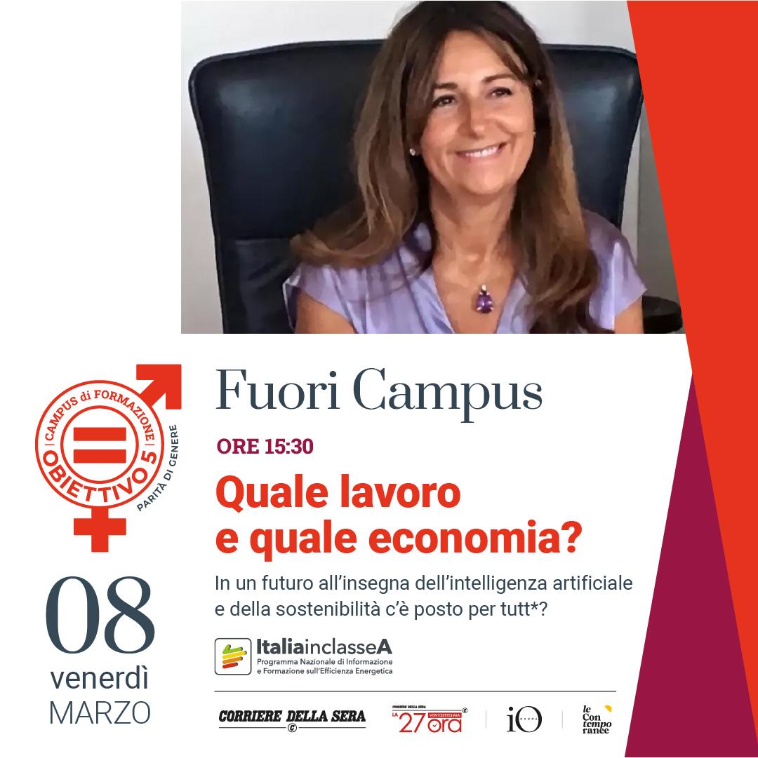 La locandina del talk "Quale lavoro e quale economia? In un futuro all’insegna dell’intelligenza artificiale e della sostenibilità c’è posto per tutt*?" con la foto di Ilaria Bertini, la data dell'8 marzo e i loghi degli organizzatori