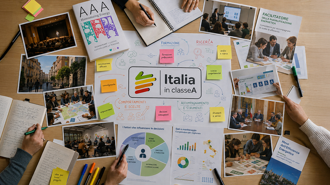 L’immagine mostra una scena dall’alto di un tavolo da lavoro in legno, ricoperto da materiali relativi a formazione, ricerca e sostenibilità energetica. Al centro è visibile un grande foglio con il logo “Italia in classe A”, accompagnato da frecce e schemi concettuali.